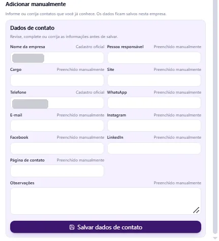 Formulário para adicionar manualmente os dados de contato da empresa, com campos de pessoa responsável, cargo, site, telefone, WhatsApp, e-mail e redes.