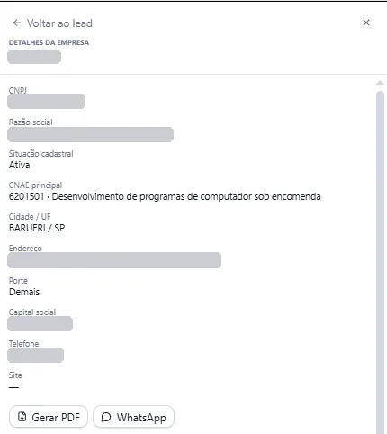 Detalhes da empresa com campos cadastrais da Receita Federal — CNPJ, razão social, situação, CNAE, endereço, porte, capital e telefone — ocultados.